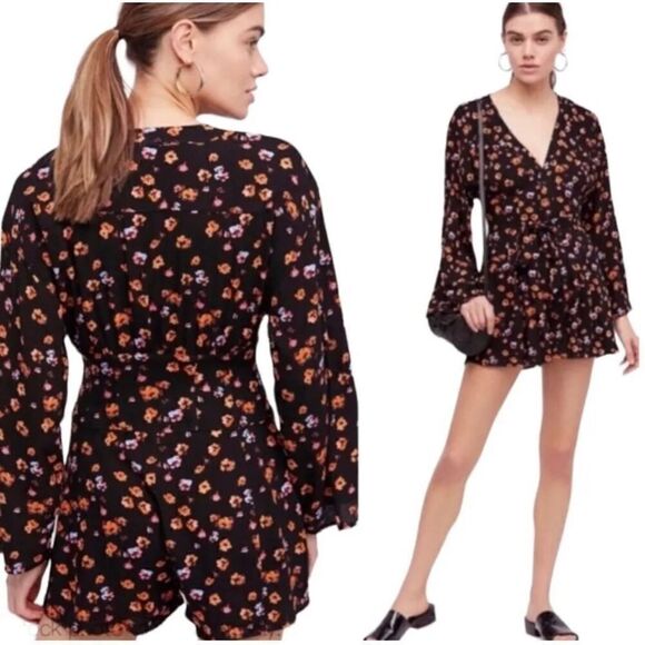 Free People L'amour Floral Romper Boho Flow Shorts Long Sleeve Button Front 8 - Picture 2 of 12